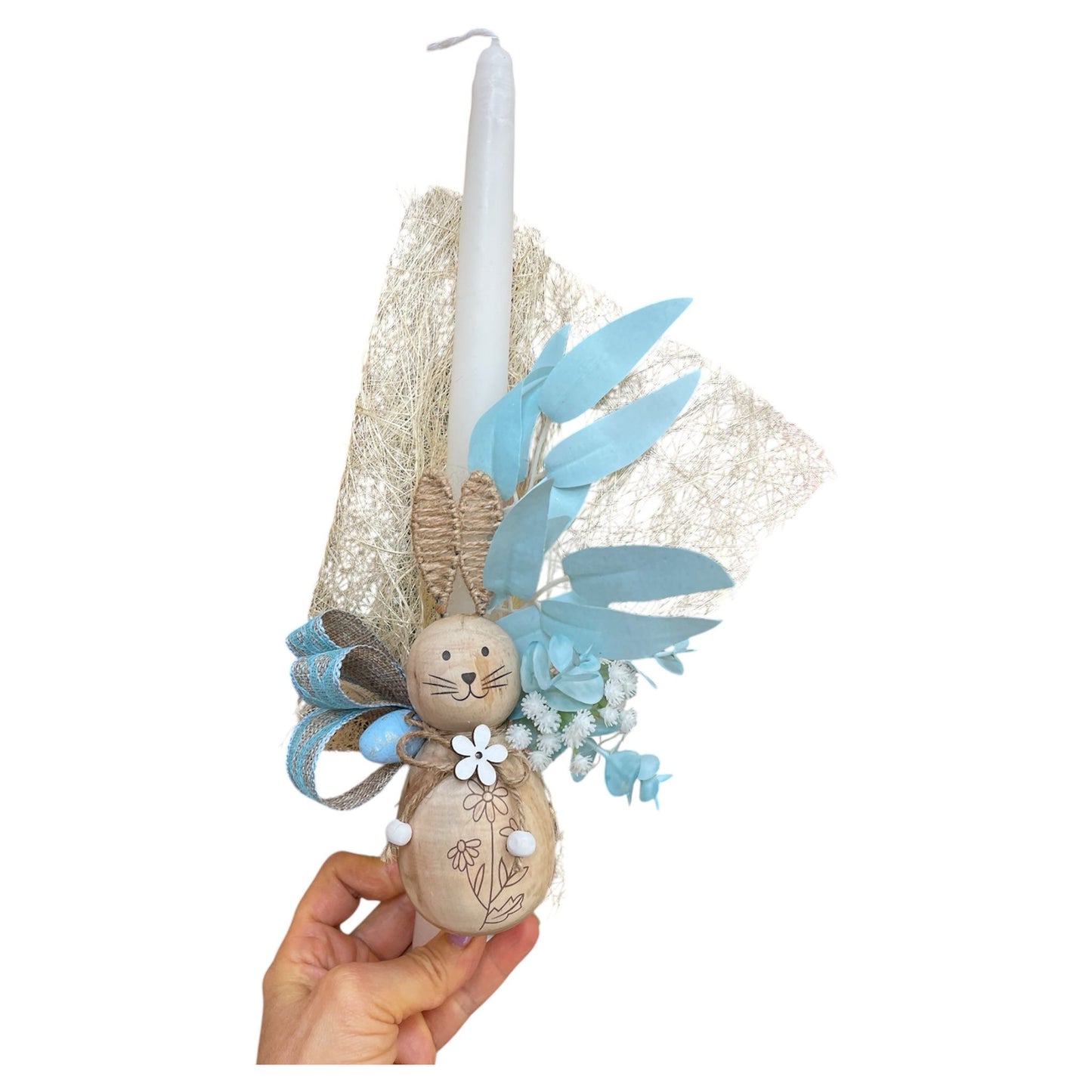 Wood Bunny Candle With Blue Leaves