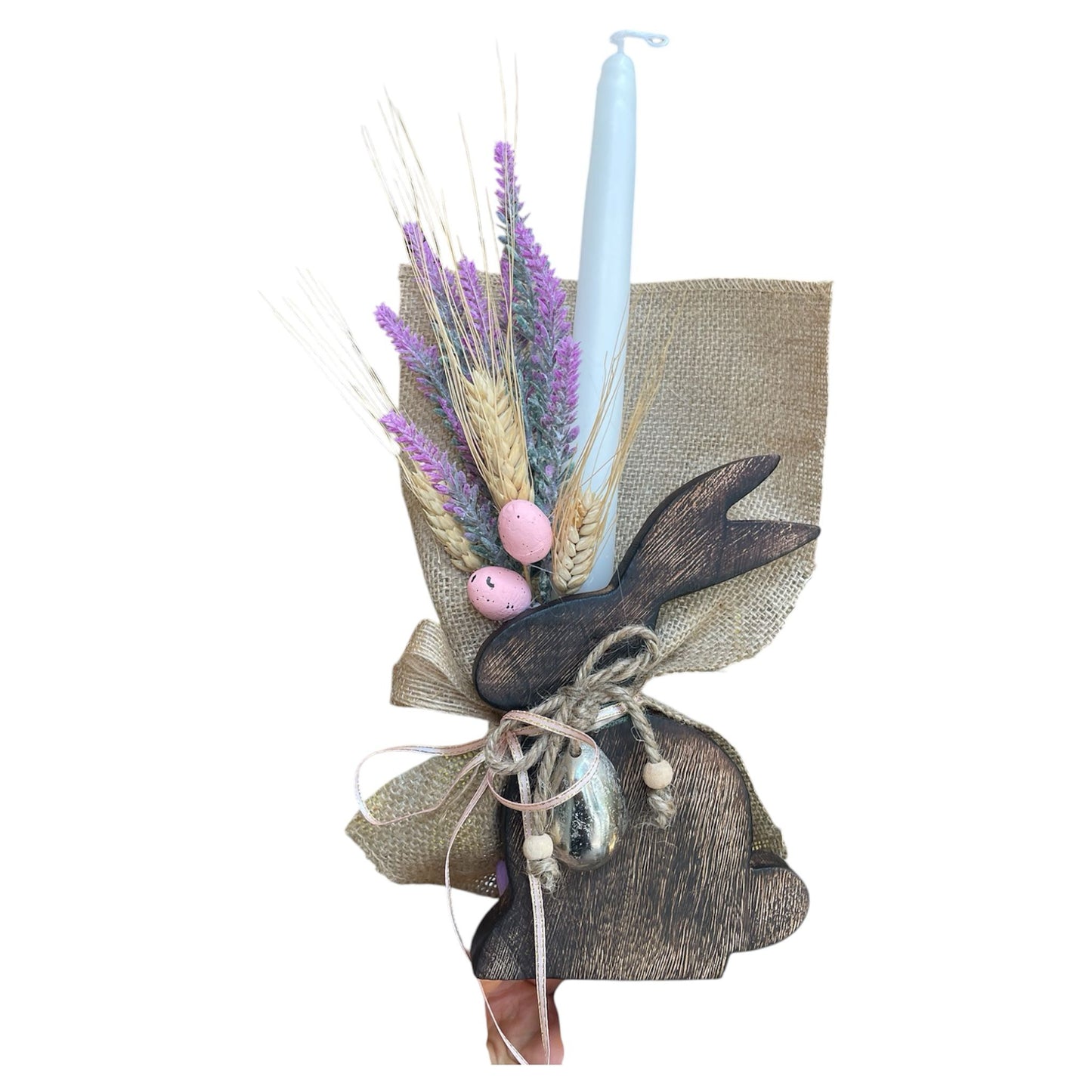 Wood Bunny & Pink Leaves Candle