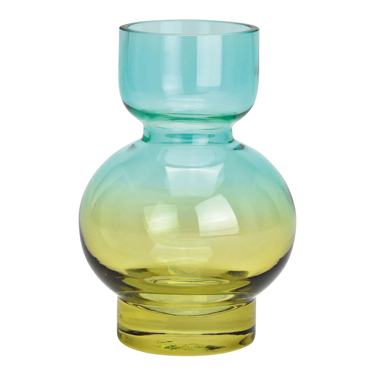 Styled display of green and teal glass vase.