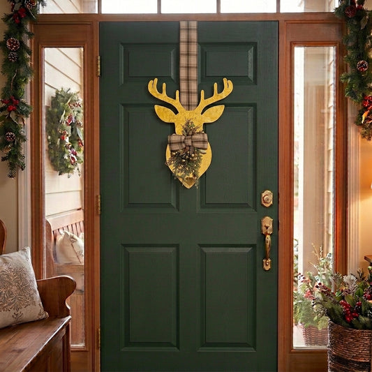 Handmade goldmetallic double-sided deer hanger for Christmas front door decor, designed by Inas.