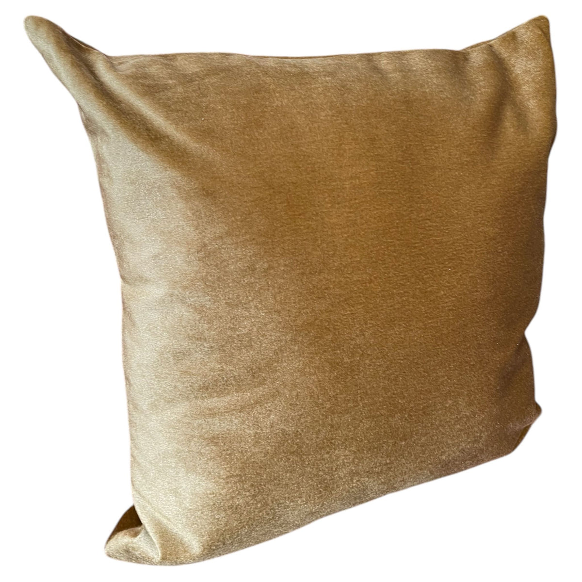 A square-shaped gold throw pillow with a textured pattern and a subtle sheen.
