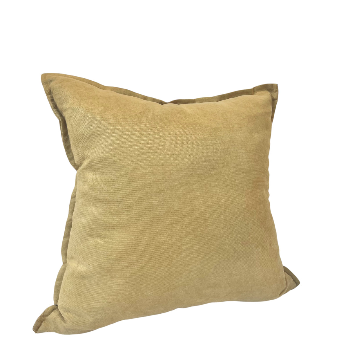 A square-shaped, golden velvet pillow with a subtle texture.