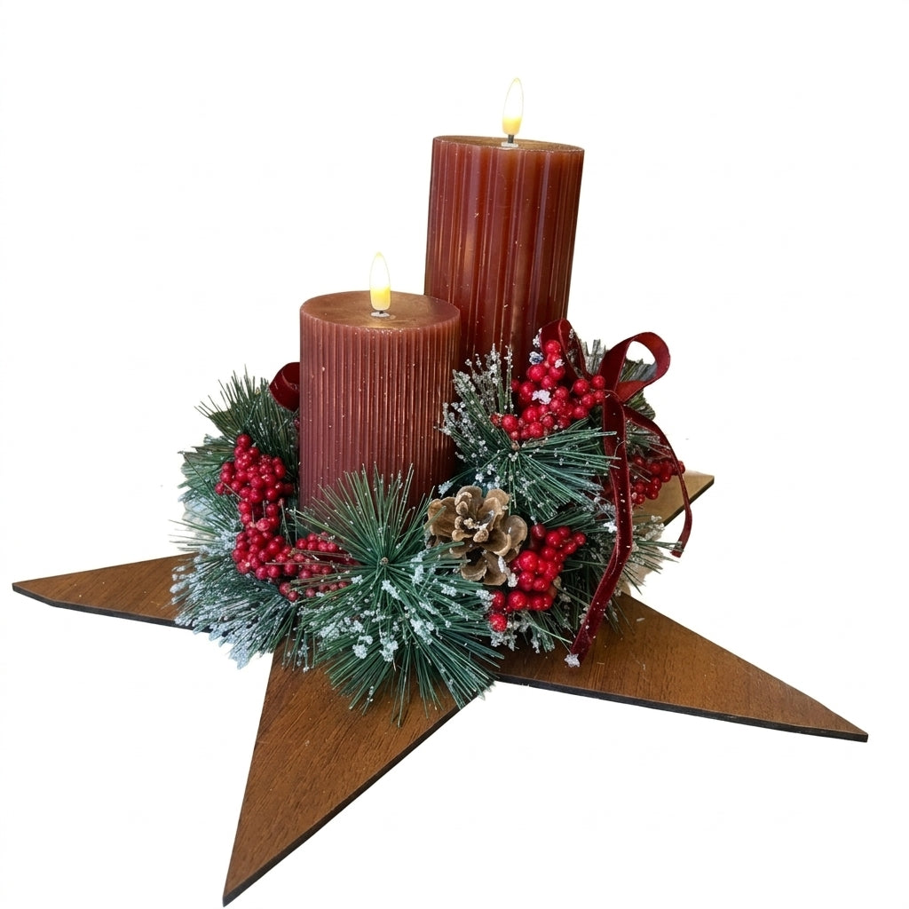 Handmade holiday pillar candle centerpiece with red pillar candles, evergreen branches, pinecones, and berries, designed by Inas.