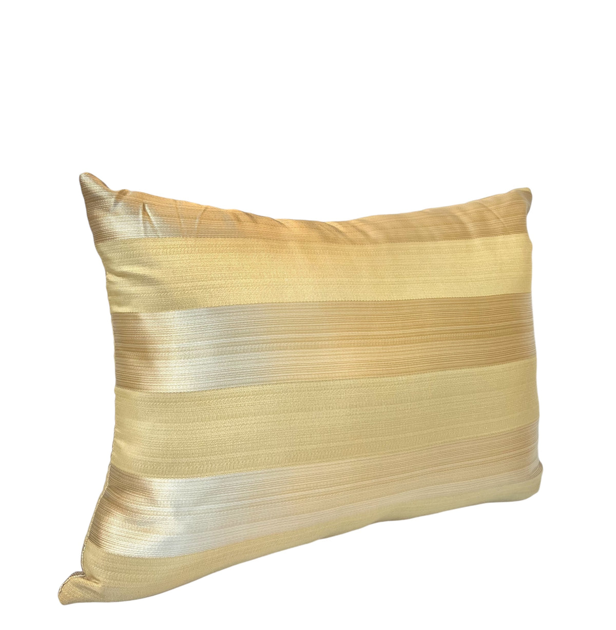A rectangular throw pillow with golden stripes on a white background.