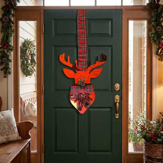 Handmade red metallic double-sided deer hanger for Christmas front door decor, designed by Inas.