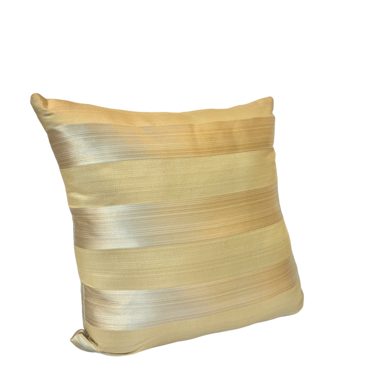 A square throw pillow with golden stripes on a white background.