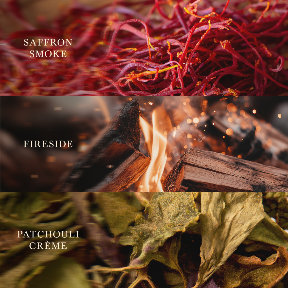 Vanilla Embers fragrance layer graphic showing saffron smoke, fireside, and patchouli crème notes.