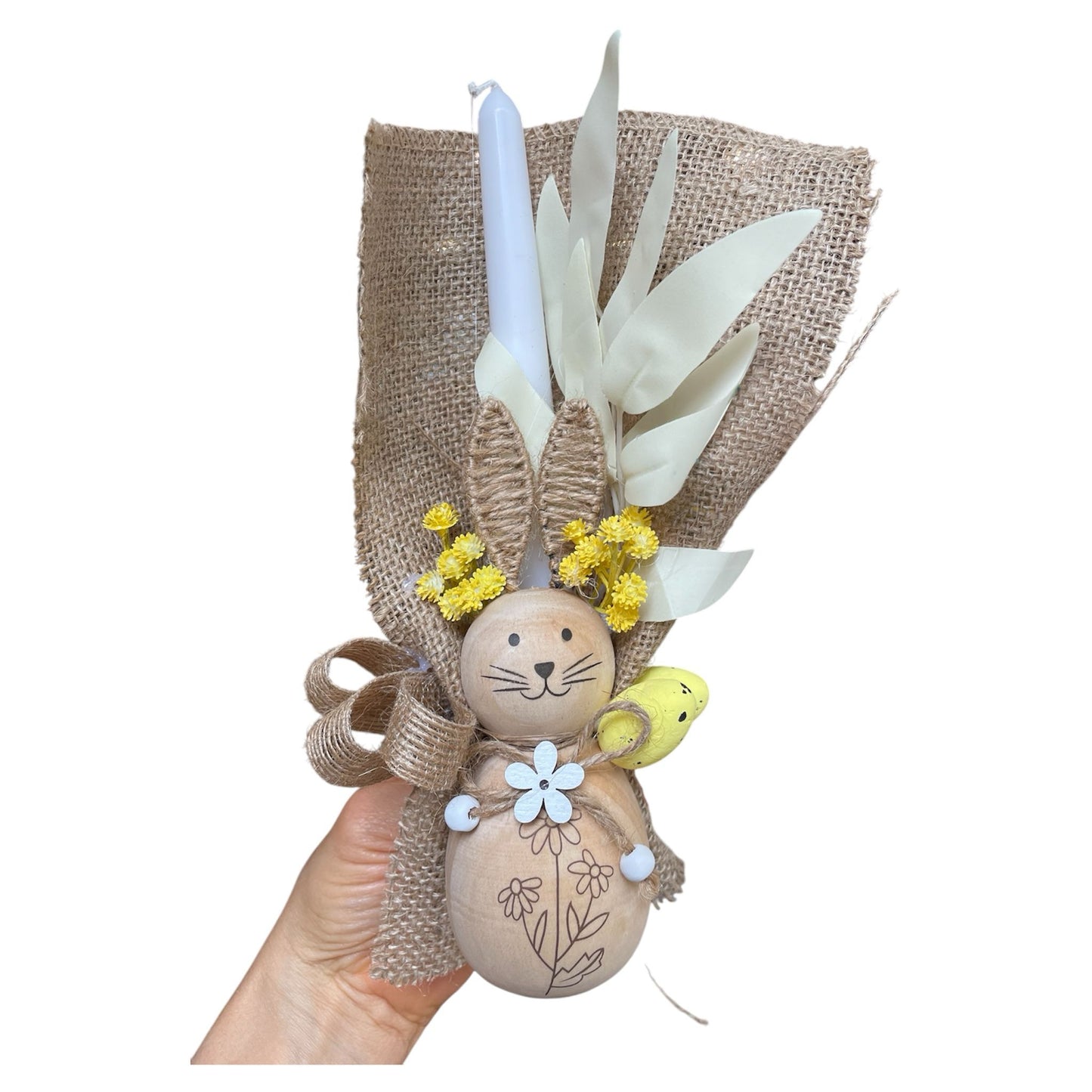 Wood Bunny Candle with Yellow Leaves