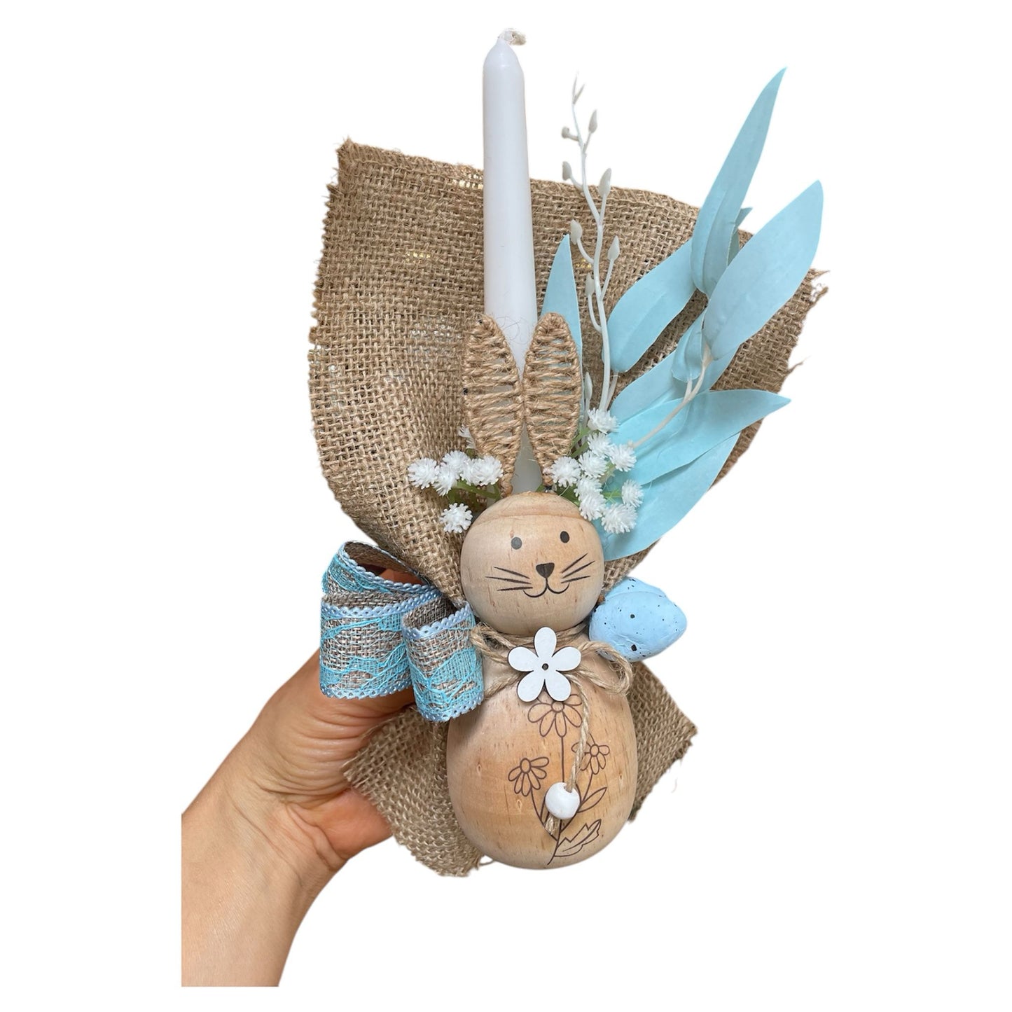 Wood Bunny Candle with Blue Leaves