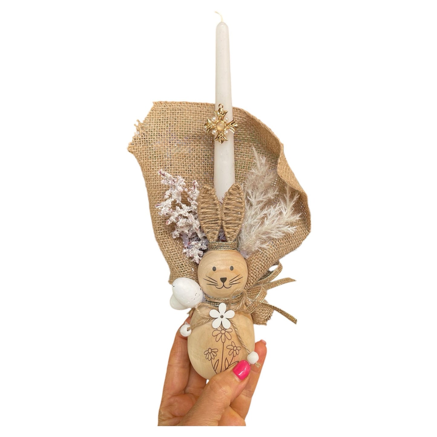 Wood Bunny Candle With Beige Leaves