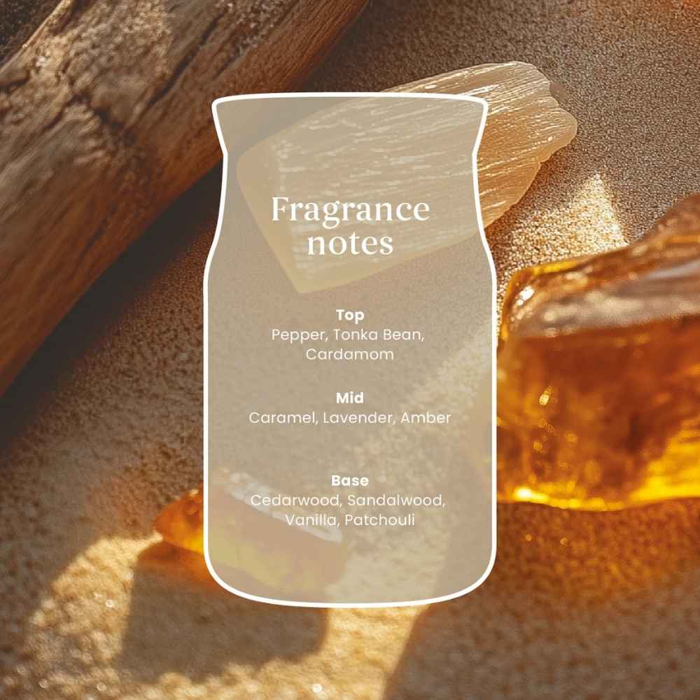 Fragrance notes label on a textured surface with amber glass and wood.