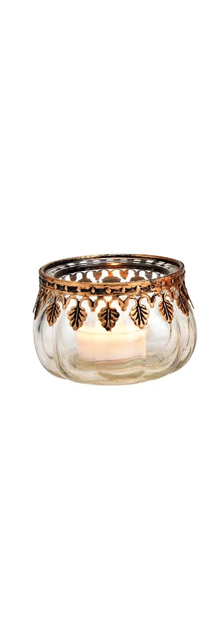 brown glass candle holder with floral patterns, with candle