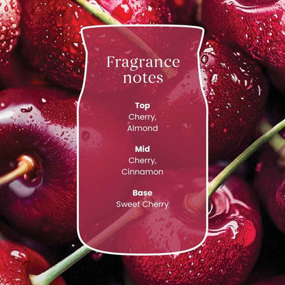 A close-up of glossy red cherries with water droplets, with a translucent pink label overlay reading 'Fragrance notes' and listing 'Top Cherry, Almond', 'Mid Cherry, Cinnamon', and 'Base Sweet Cherry'.