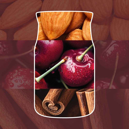 A stylized graphic showing a white-bordered rounded rectangle over a dark brown background of whole almonds, red cherries, and cinnamon sticks. The central area features a close-up of glossy red cherries with green stems, with almonds at the top and cinnamon sticks at the bottom.
