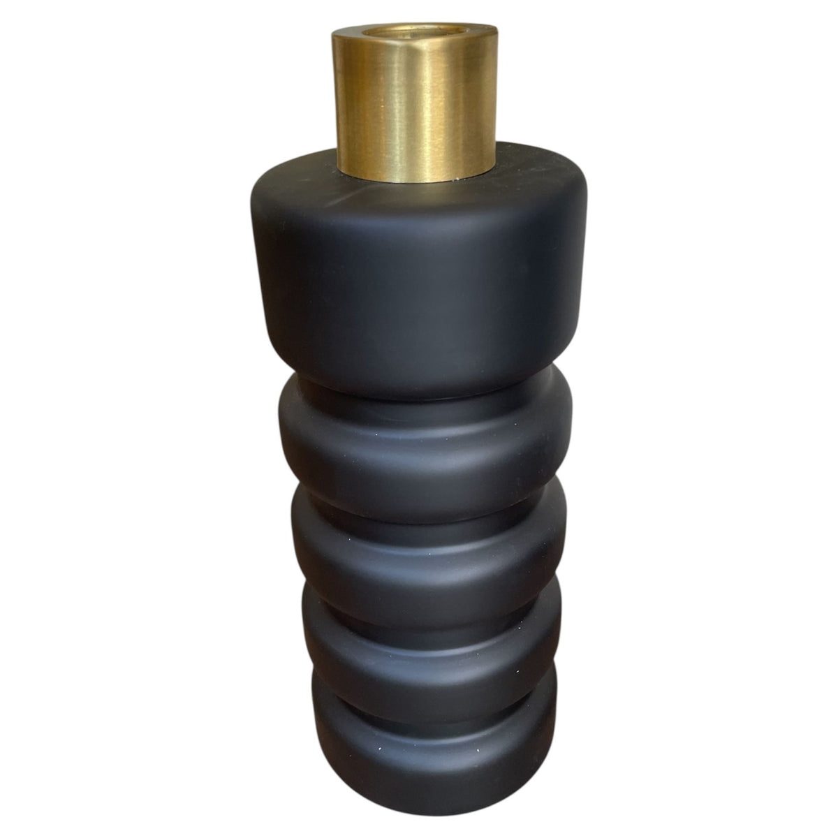 Dark gray textured vase with a gold base on a white background