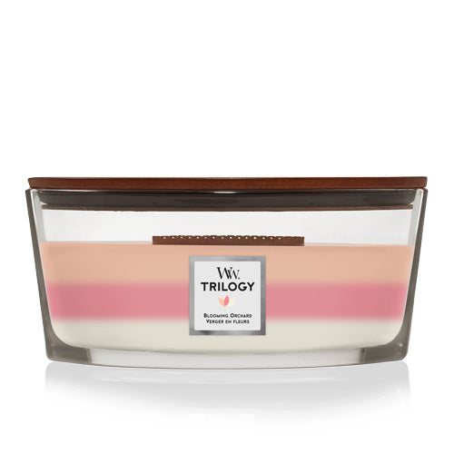 WoodWick Blooming Orchard Trilogy candle in a clear glass jar with a wooden lid.