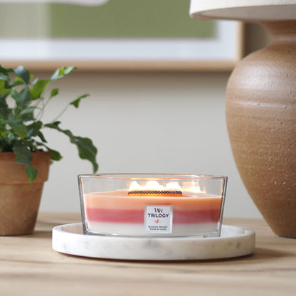 WoodWick Blooming Orchard Trilogy candle in a clear glass jar with an open lid against decorative background