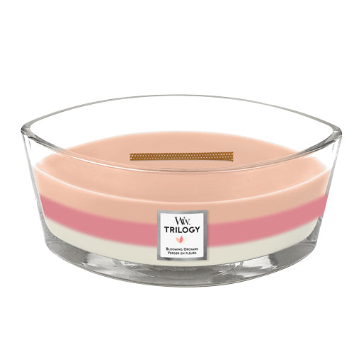 WoodWick Blooming Orchard Trilogy candle in a clear glass jar with an open lid.