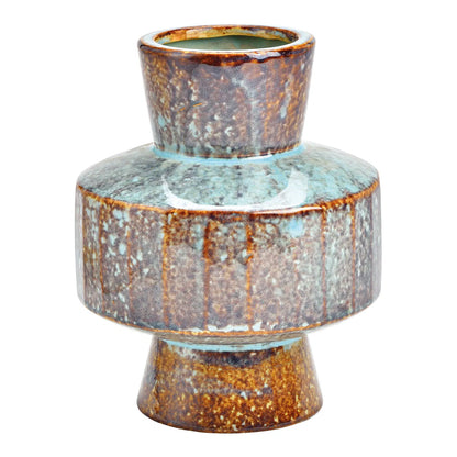 A tall ceramic vase with a blue and green glaze on a white background.