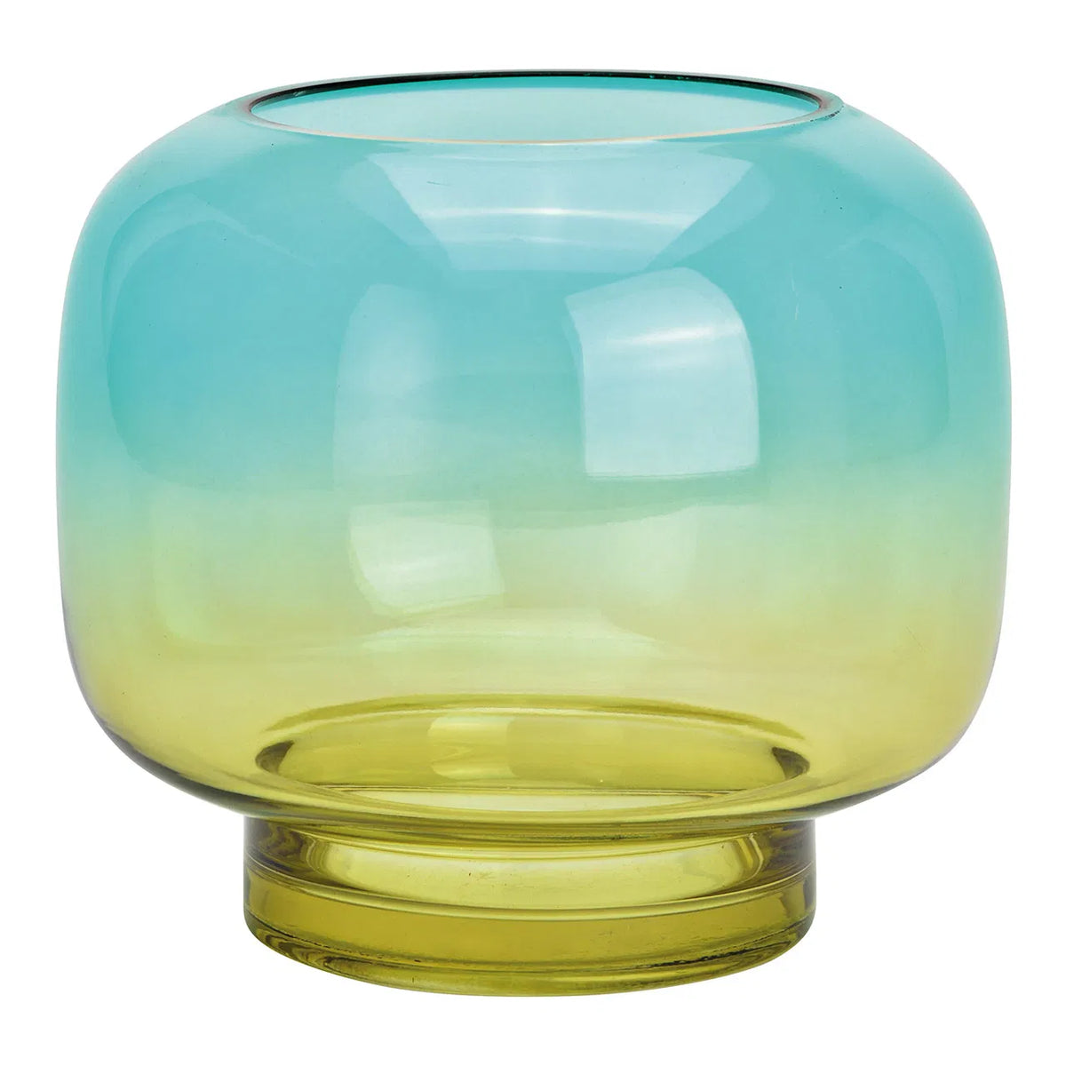 A blue and green glass vase with a solid pattern and no visible flowers or decorations.