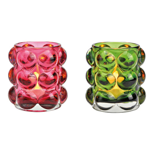 Two Bubble Glass Windlights, one pink and one green, with a bubble pattern design.