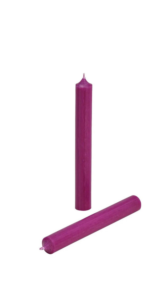 Two purple candles designed for use with a candle holder, displayed against a white background.