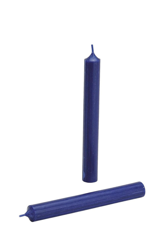 Two dark blue candles, one standing upright and one lying horizontally, on a white background.