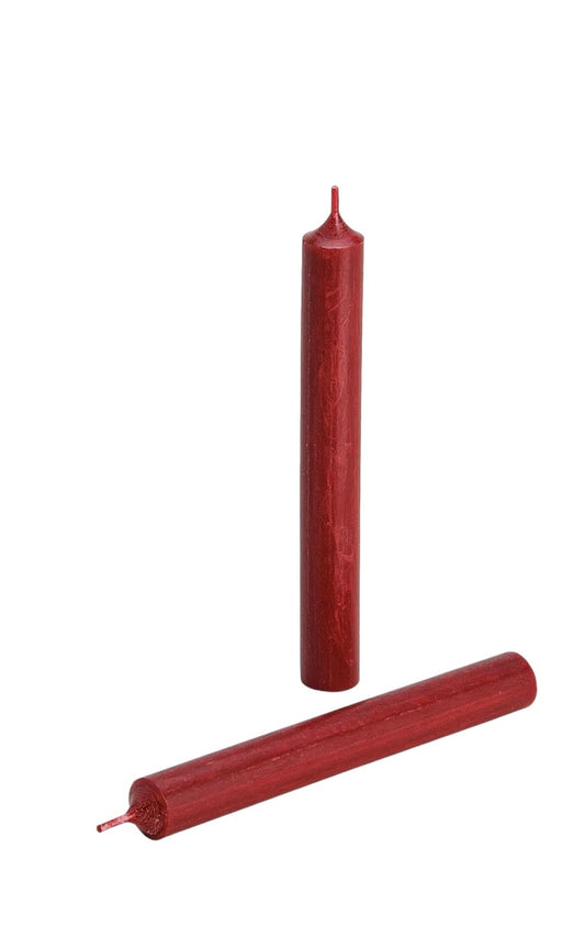 A dark red colored candle with a solid, smooth appearance, shown with a lit end and placed on a flat surface.