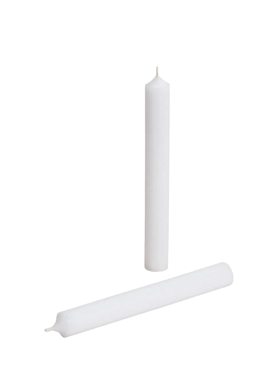 A white colored stick candle on a white background.