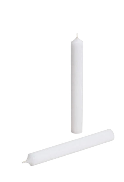 A white colored stick candle on a white background.