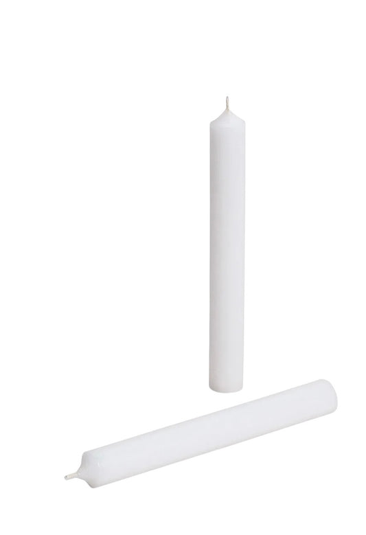 A white colored stick candle on a white background.