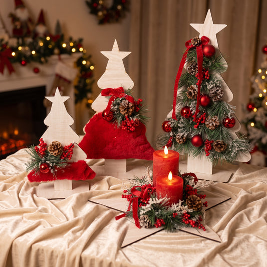 A festive centerpiece set with white wooden star trees, red fabric accents, and a central red candle arrangement with holiday greenery.