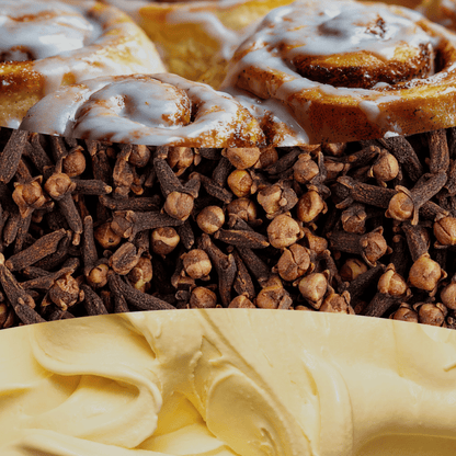 Fragrance notes collage displaying freshly glazed cinnamon rolls, aromatic whole clove buds, and smooth vanilla cream for WoodWick Cinnamon Chai.