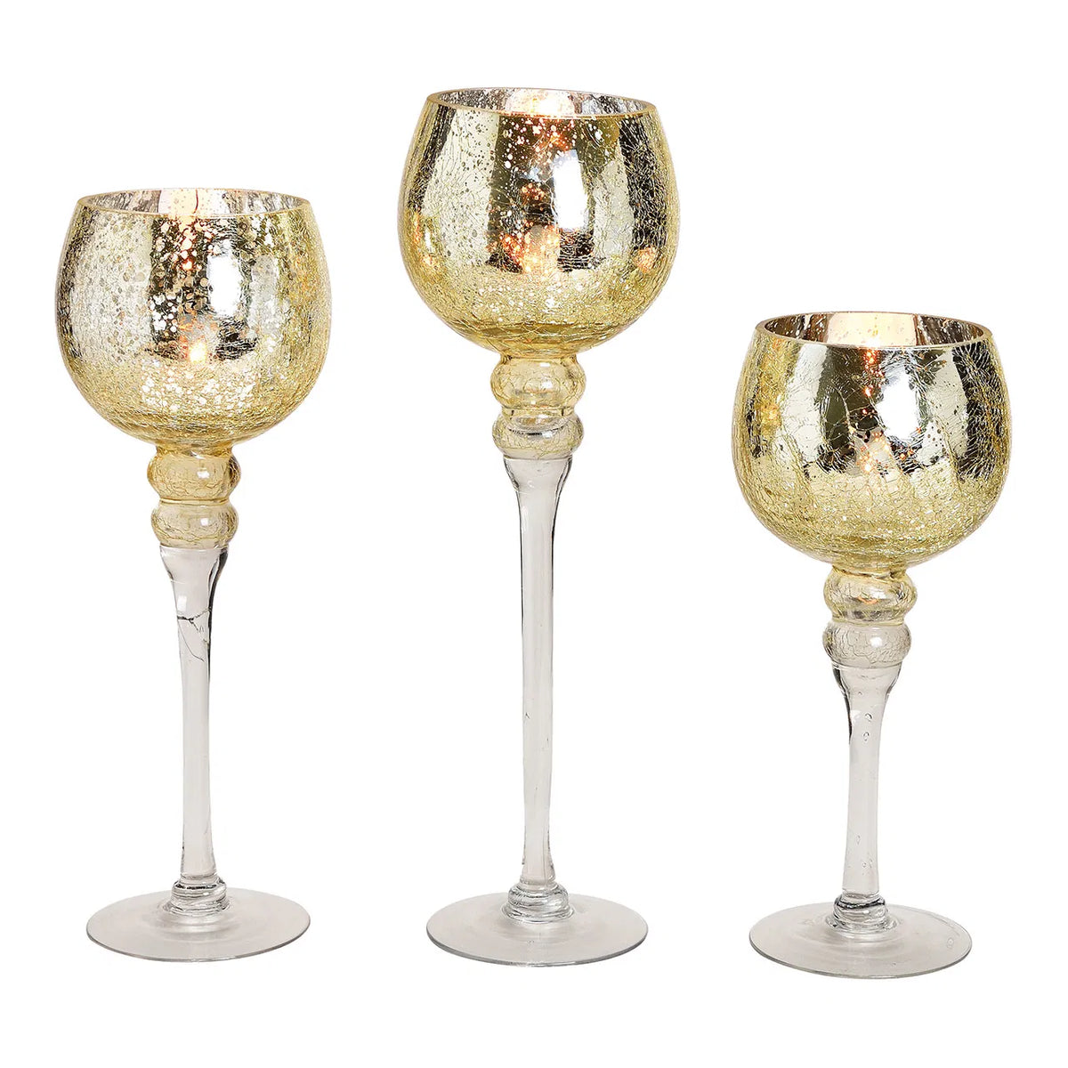 A set of three gold-colored glass windlight holders with a cracking glass texture, displayed against a white background.
