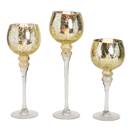 A set of three gold-colored glass windlight holders with a cracking glass texture, displayed against a white background.