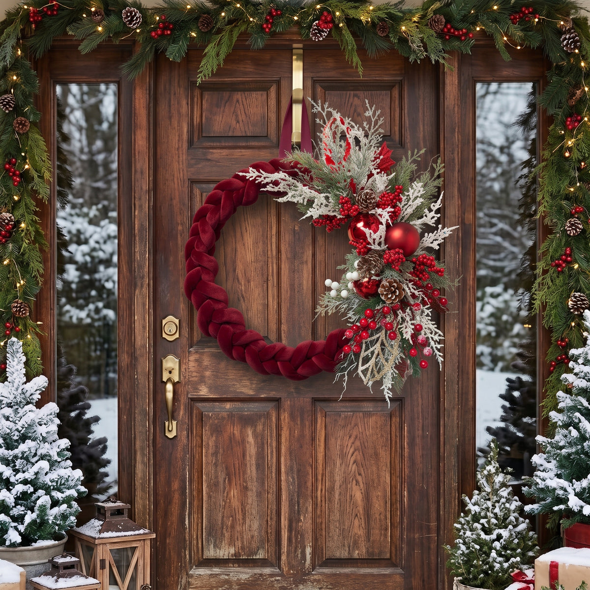 Handmade holiday wreath featuring a dark red velvet braided loop decorated with red berries, gold, white and green leaves, and pine cones, hanging on a rustic wooden door.