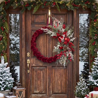 Handmade holiday wreath featuring a dark red velvet braided loop decorated with red berries, gold, white and green leaves, and pine cones, hanging on a rustic wooden door.