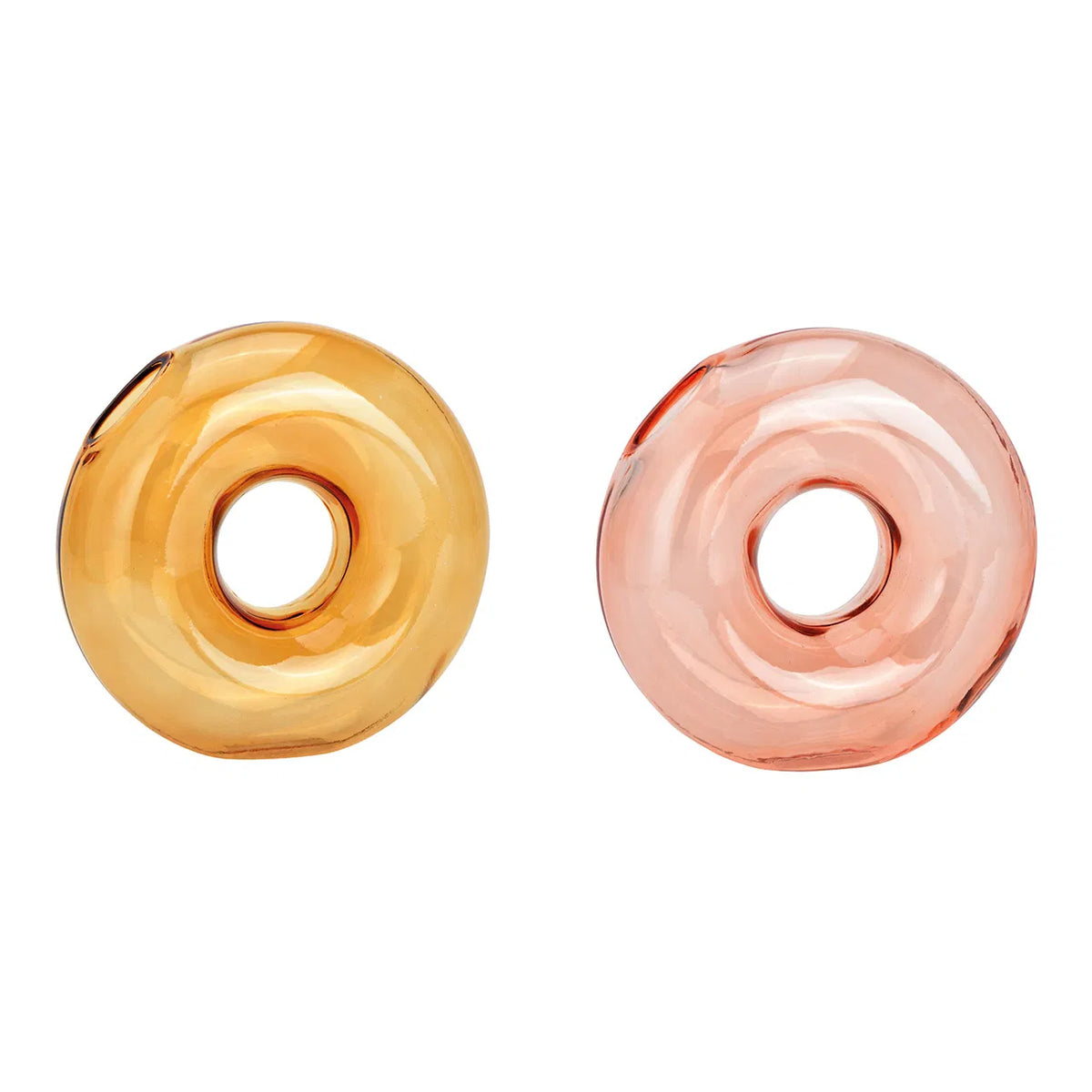 Two round glass vases with a pink to orange gradient color.