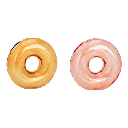 Two round glass vases with a pink to orange gradient color.