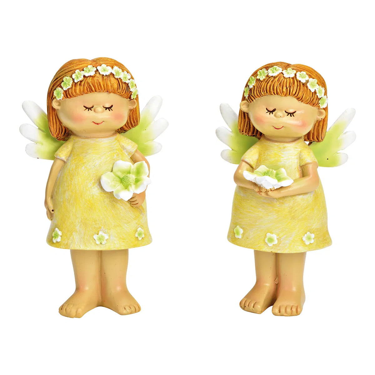 Two ceramic figurines of fairies, one in a yellow dress with a green flower, and the other in a green dress with a yellow flower.