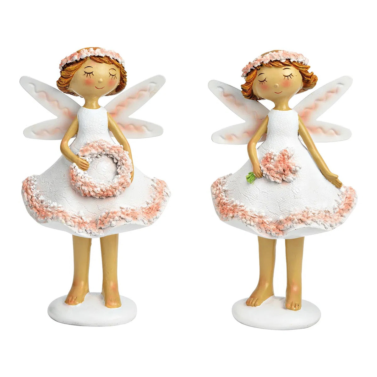 Two ceramic figurines of fairies in white and pink colors, each holding a small floral wreath.