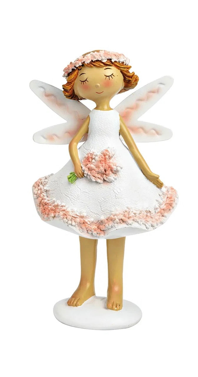 ceramic figurine of fairy in white and pink colors, holding a small floral wreath.