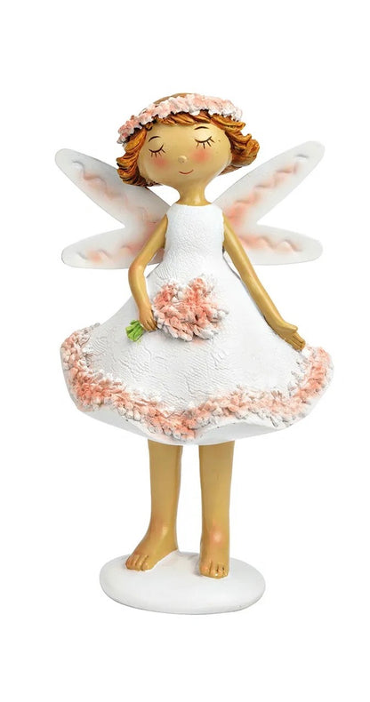 ceramic figurine of fairy in white and pink colors, holding a small floral wreath.