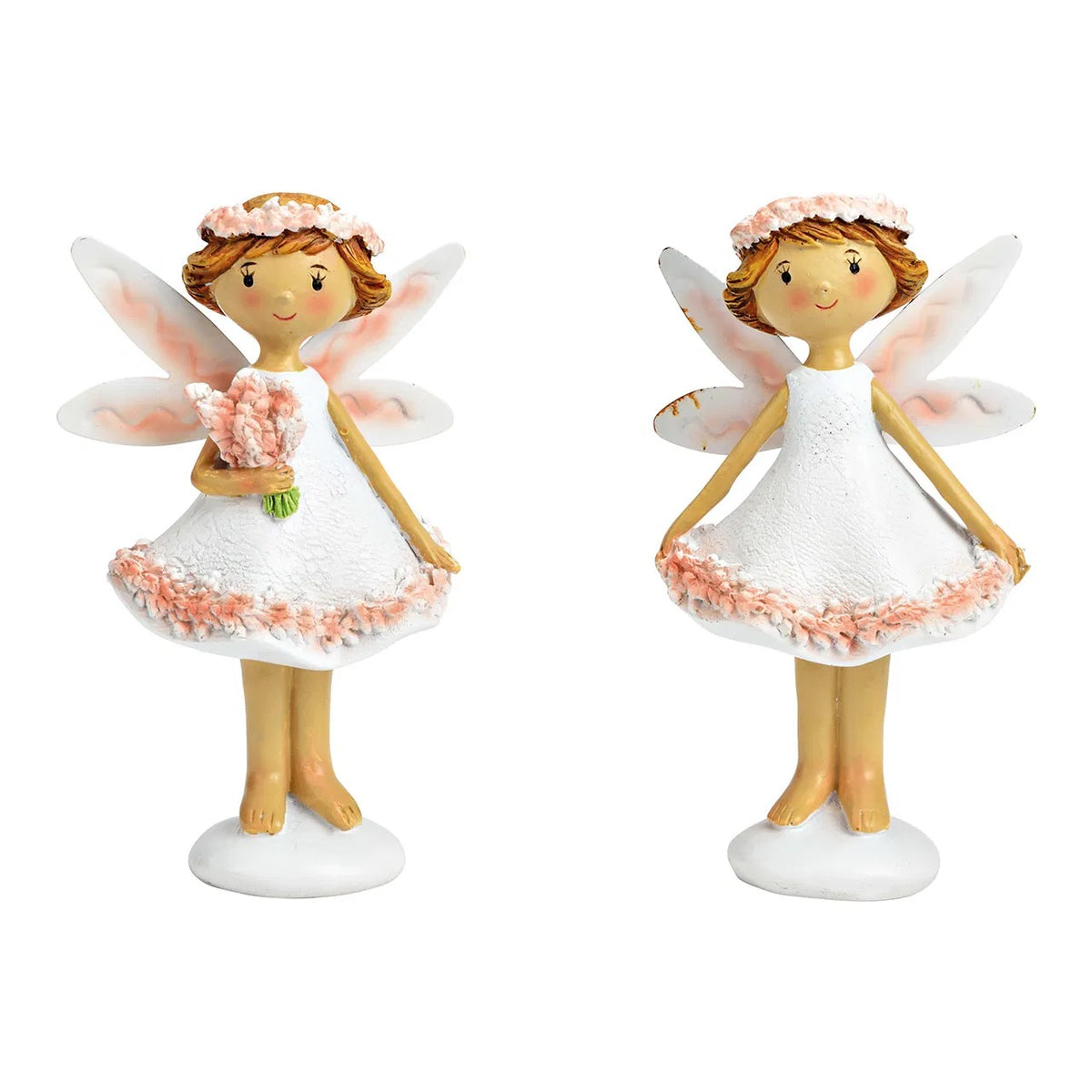 A set of two ceramic figurines, each depicting a fairy-like character with white and pink clothing and wings, posed holding a flower.
