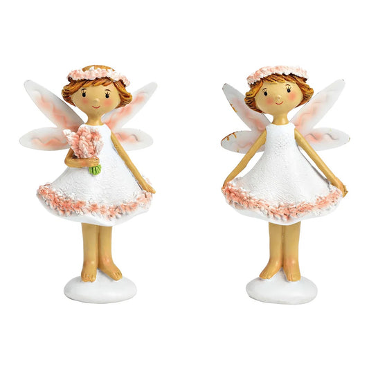 A set of two ceramic figurines, each depicting a fairy-like character with white and pink clothing and wings, posed holding a flower.