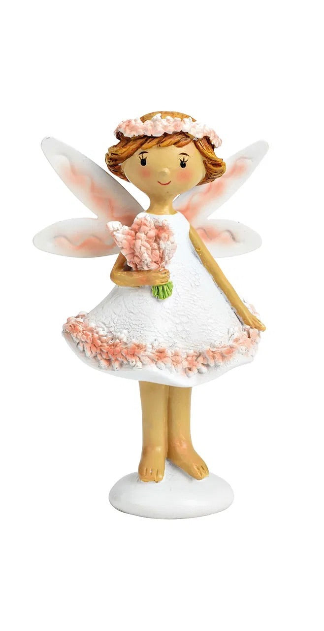 ceramic figurine, depicting a fairy-like character with white and pink clothing and wings, posed holding a flower.