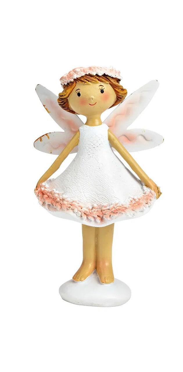 ceramic figurine, depicting a fairy-like character with white and pink clothing and wings, posed holding a flower.