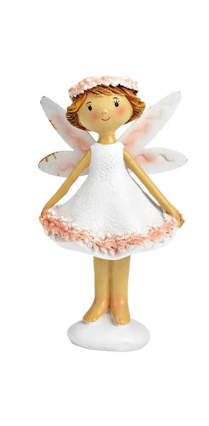 ceramic figurine, depicting a fairy-like character with white and pink clothing and wings, posed holding a flower.