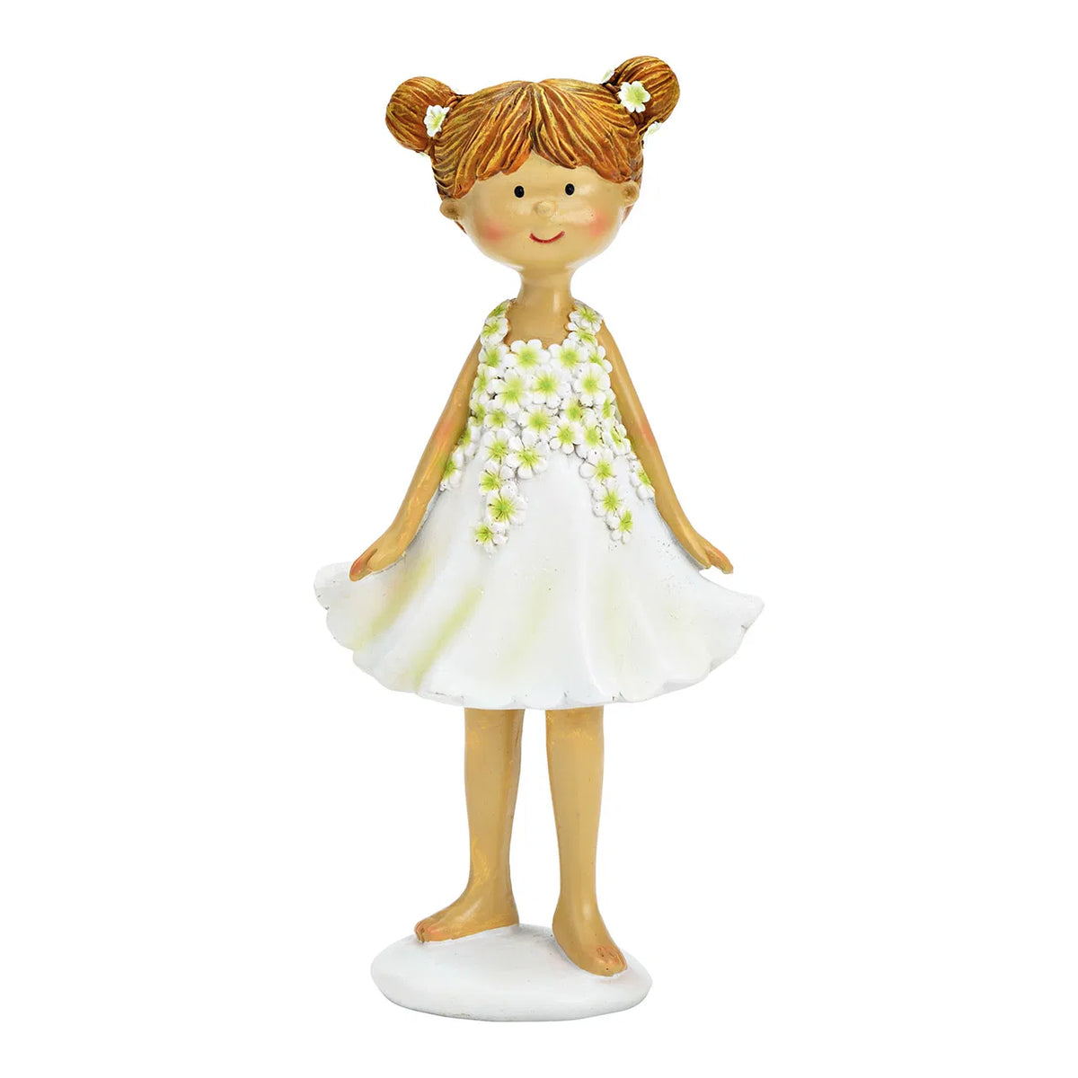 A ceramic figurine of a girl in a green and white floral dress standing on a round base.
