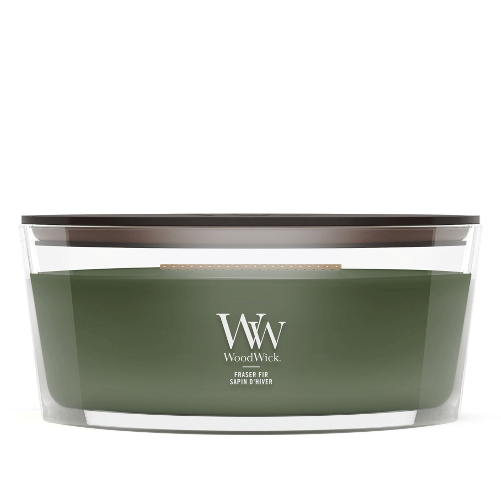 WoodWick Rose Blush ellipse candle in a clear glass jar with a wooden lid.